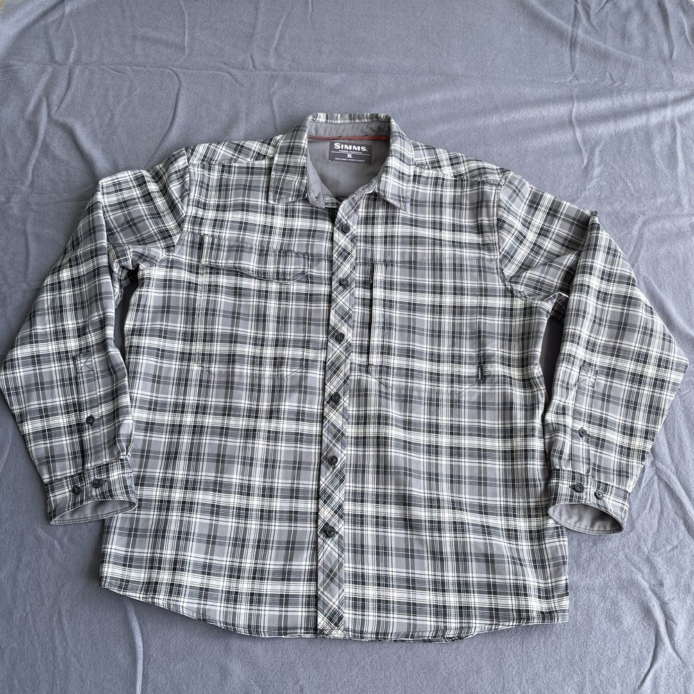 Simms Cold Weather Shirt Jacket Men XL Gray Plaid Button Up Shacket Thermal Fish